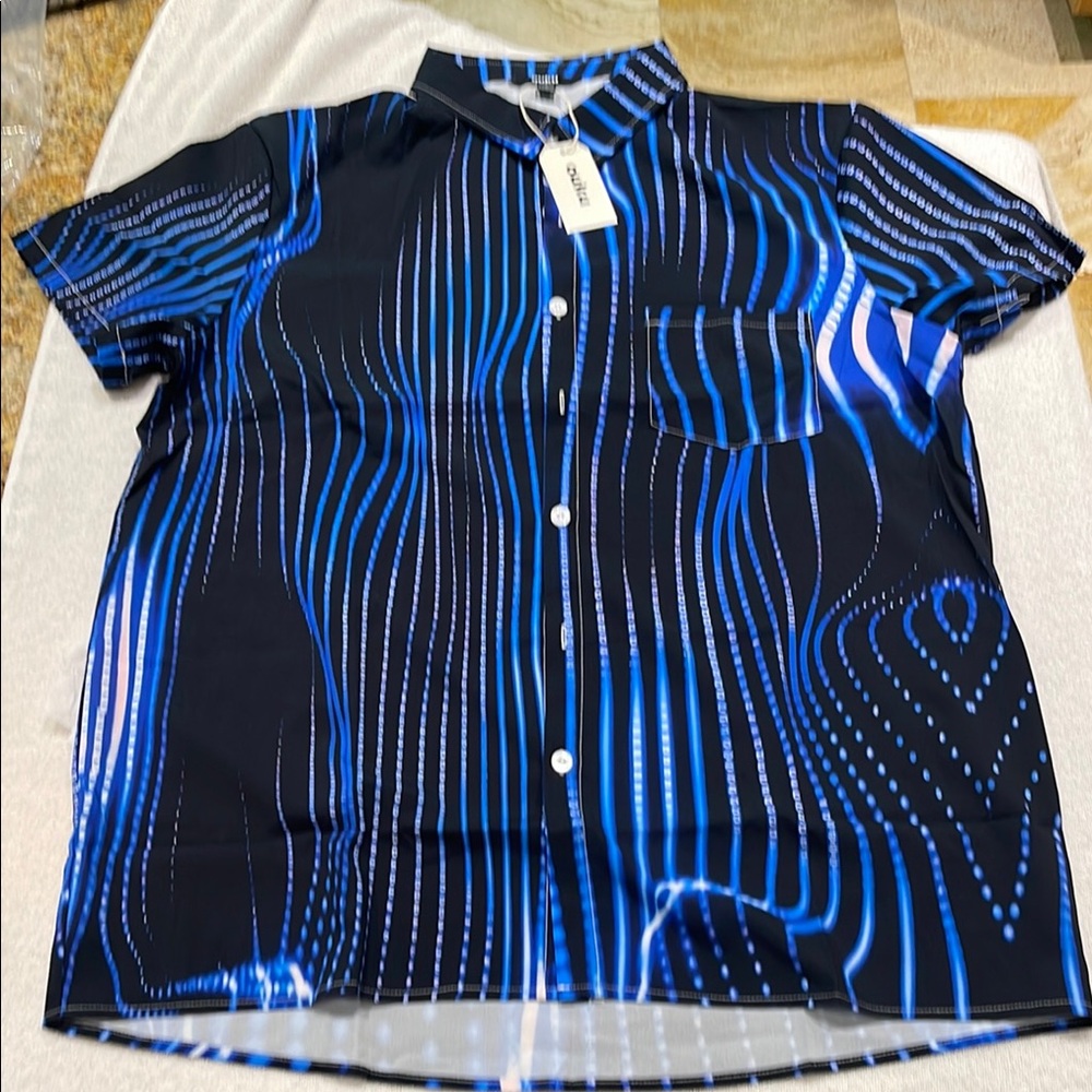 Blue and Black Casual Button Down Shirt with Abstract Pattern
